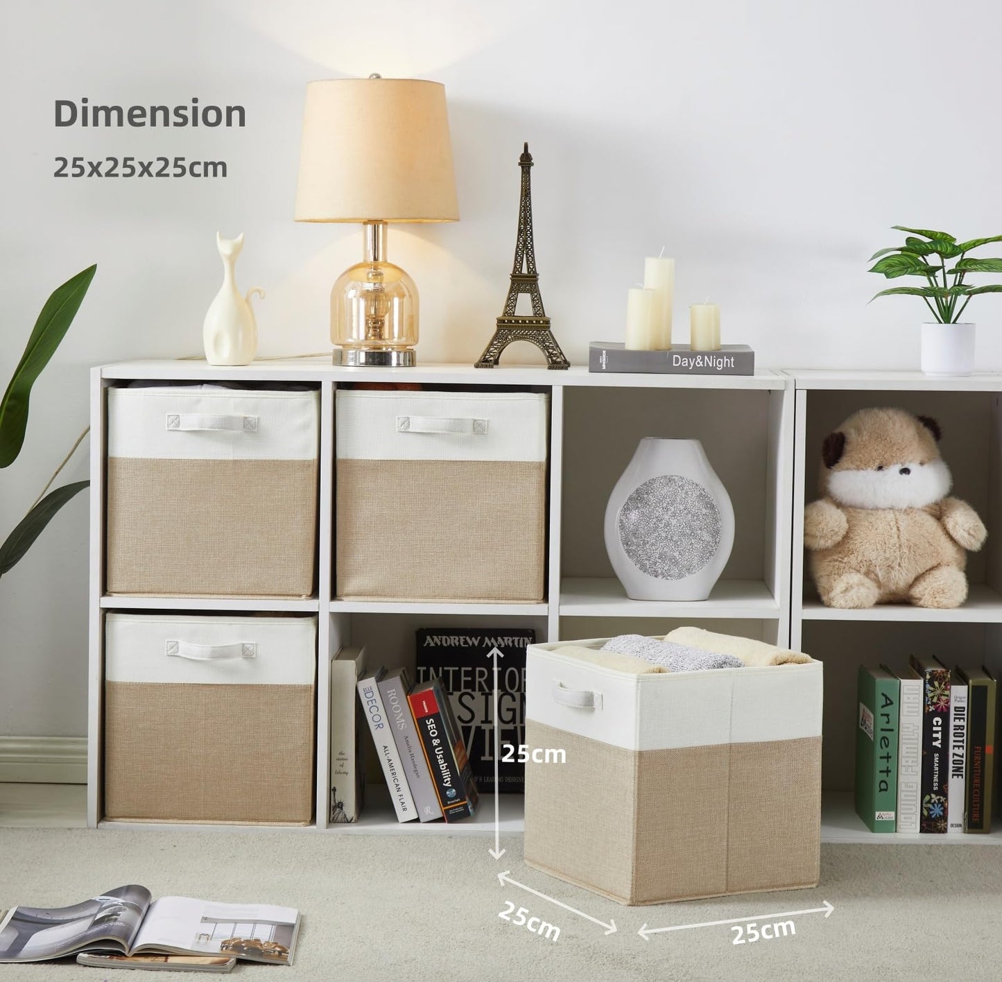 SOCOHOME Fabric Cube Storage Boxes,25x25x25cm Foldable Storage Baskets for Toys Clothes Shelf Nursery Closet(Light Khaki/Creamy White, Set of 4)