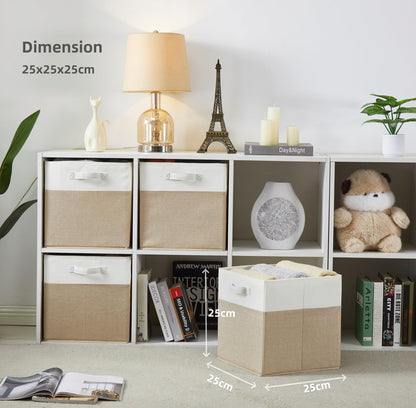 SOCOHOME Fabric Cube Storage Boxes,25x25x25cm Foldable Storage Baskets for Toys Clothes Shelf Nursery Closet(Light Khaki/Creamy White, Set of 4)