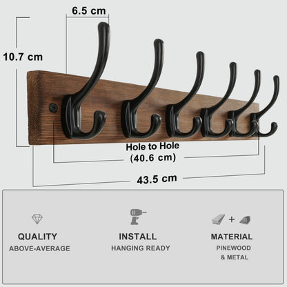 HONSKY Wall Coat Rack - 6 Double Hooks (44cm) | Wooden & Metal Towel/Coat Hanger for Entryway, Bathroom, Bedroom, Garage