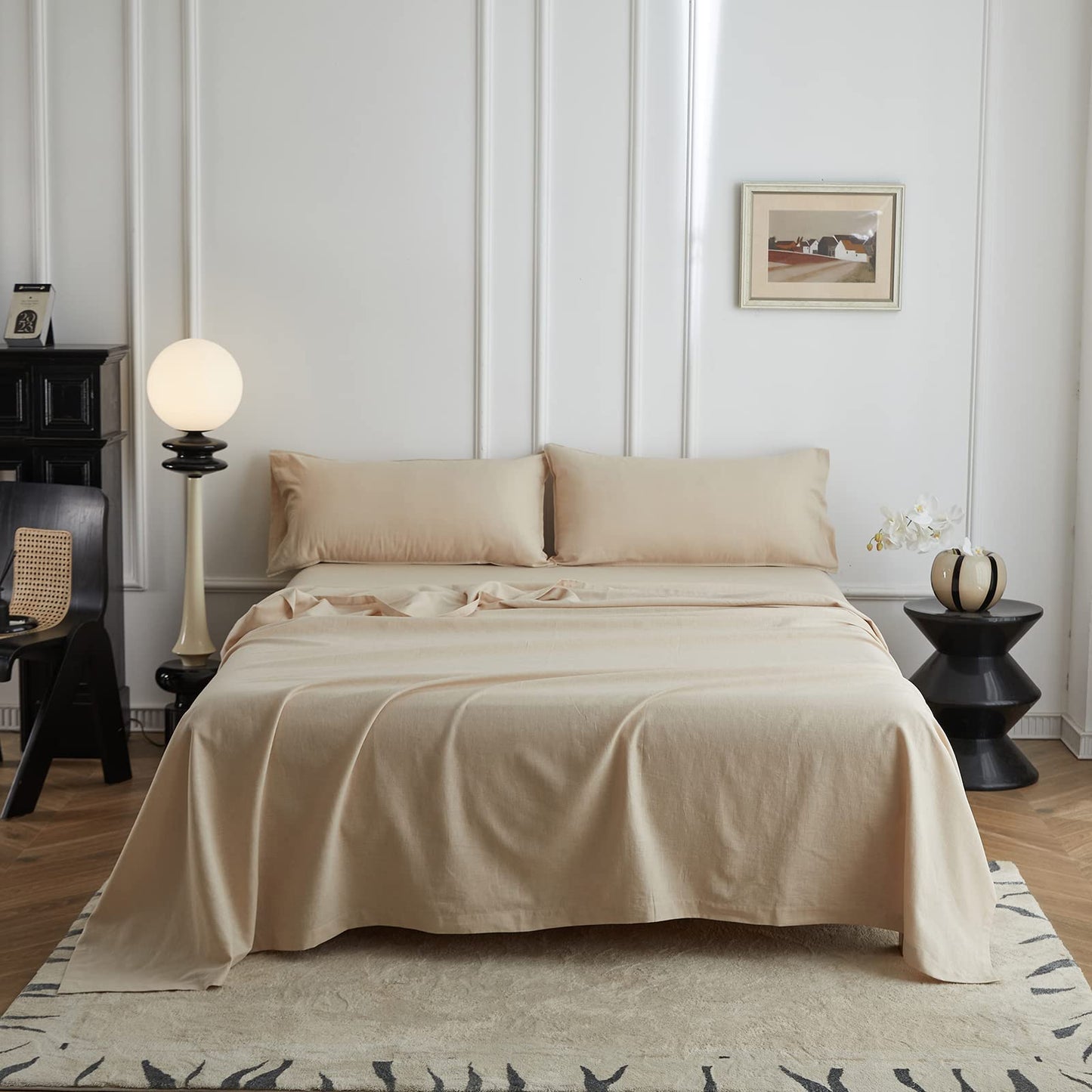 Simple&Opulence King Flat Sheet,55% Linen 45% Cotton Luxury Cool Bed Sheet,Super Soft and Easy Care Flat Top Sheet,255 x 270 cm, Linen/Beige