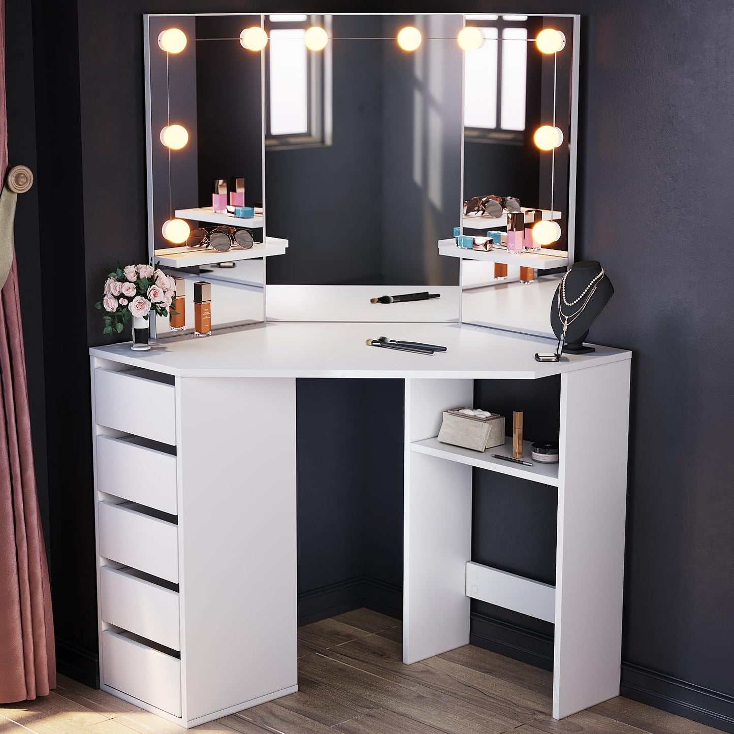 ELEGANT Corner Dressing Table with Hollywood LED Lights, Adjustable Brightness, White Makeup Vanity Desk with 3 Angle Mirror and 5 Drawers, Large