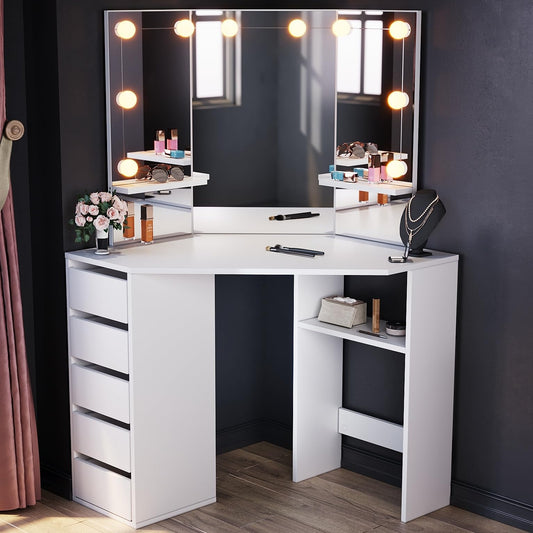 ELEGANT Corner Dressing Table with Hollywood LED Lights, Adjustable Brightness, White Makeup Vanity Desk with 3 Angle Mirror and 5 Drawers, Large