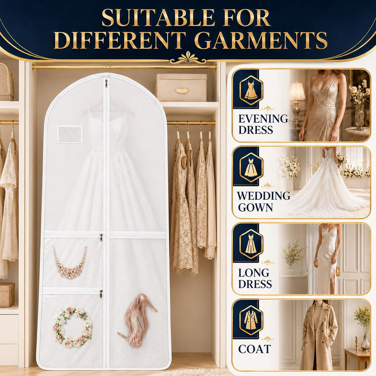 Wedding Dress Bag Covers, URMI Heavy Duty 180 x 60 x 26cm Bridal Gown Cover with 3 Clear PVC Pockets, Long Garment Bag with Handles for Wedding Gown