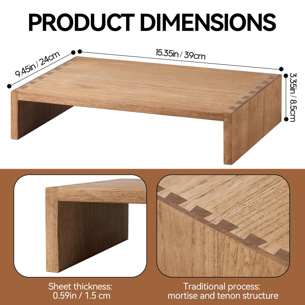 KIRIGEN Wooden Monitor Stand, 39 cm Desk Riser for Laptop, Brown