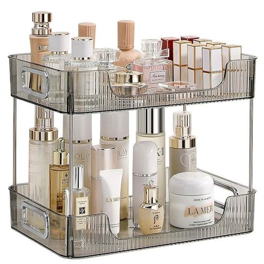 CESTATIVO Bathroom Counter Organiser, 2 Tier Vanity Tray, Cosmetic Makeup Storage Shelf, Bathroom Skincare Organiser Counter Shelf, Grey