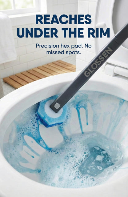 GLOSSEN Disposable Toilet Brush with 48 Refills, Wall Mounted Holder, Hygienic Toilet Cleaner Brush, Under Rim WC Cleaning System, Limescale Remover