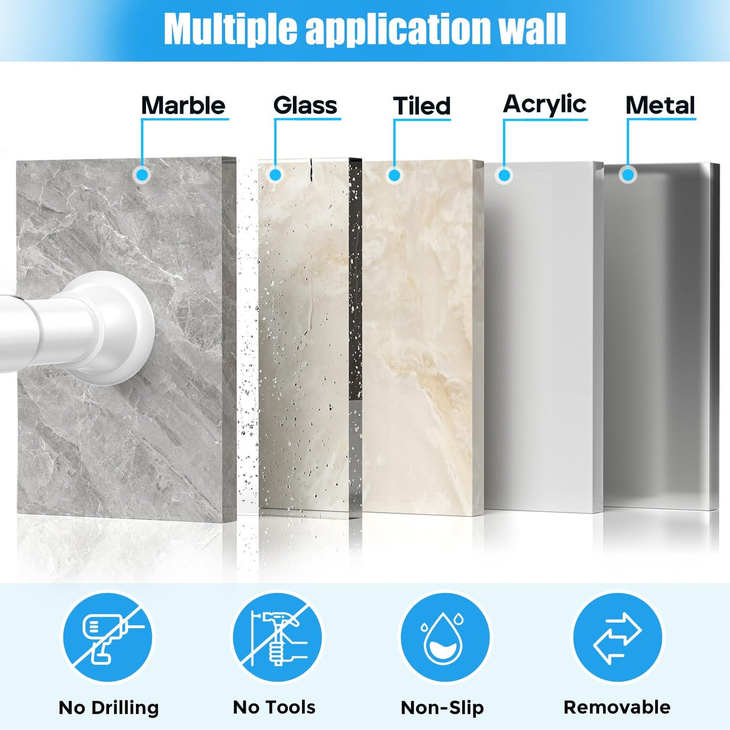 Zipglo Shower Curtain Pole 80-195cm, Extendable Curtain Poles Adjustable Tension Rods for Curtains Telescopic Curtain Poles No Drilling Shower