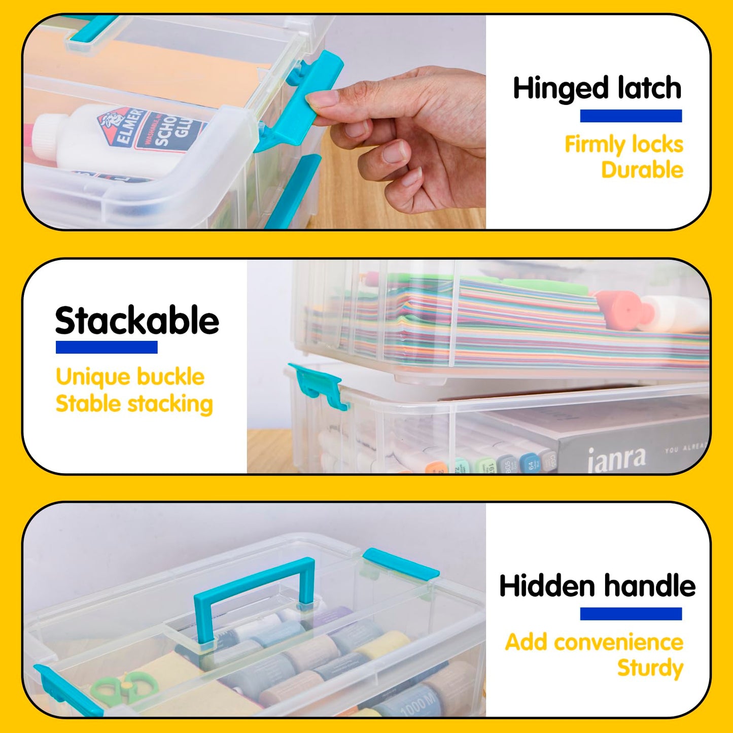 Creahaus 2 Layer Plastic Storage Containers with Lids, Multipurpose Clear Stack & Carry Box