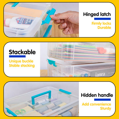 Creahaus 2 Layer Plastic Storage Containers with Lids, Multipurpose Clear Stack & Carry Box