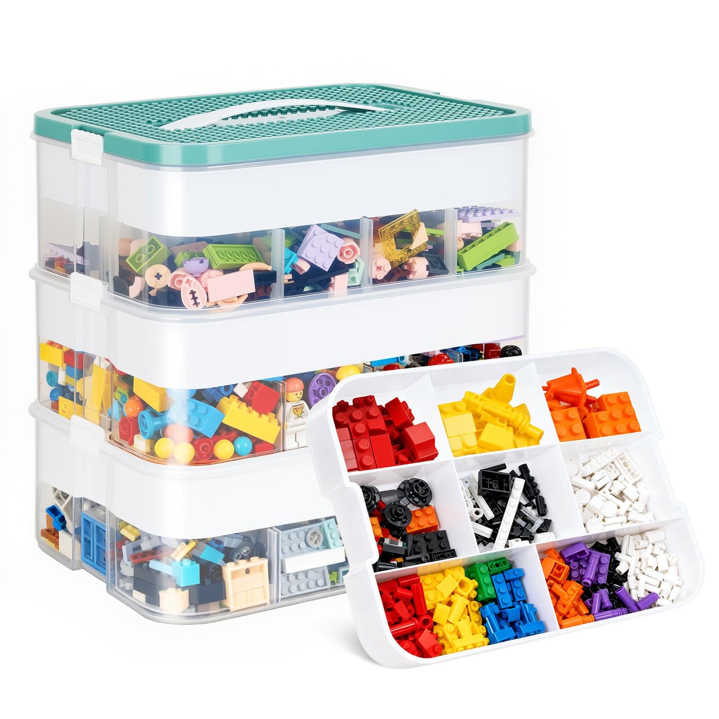 Dyserbuy Storage Boxes with Lids for Lego, 3 Layers Storage Boxes for Lego, Stackable Plastic Organiser Container with Clear Compartment for Building