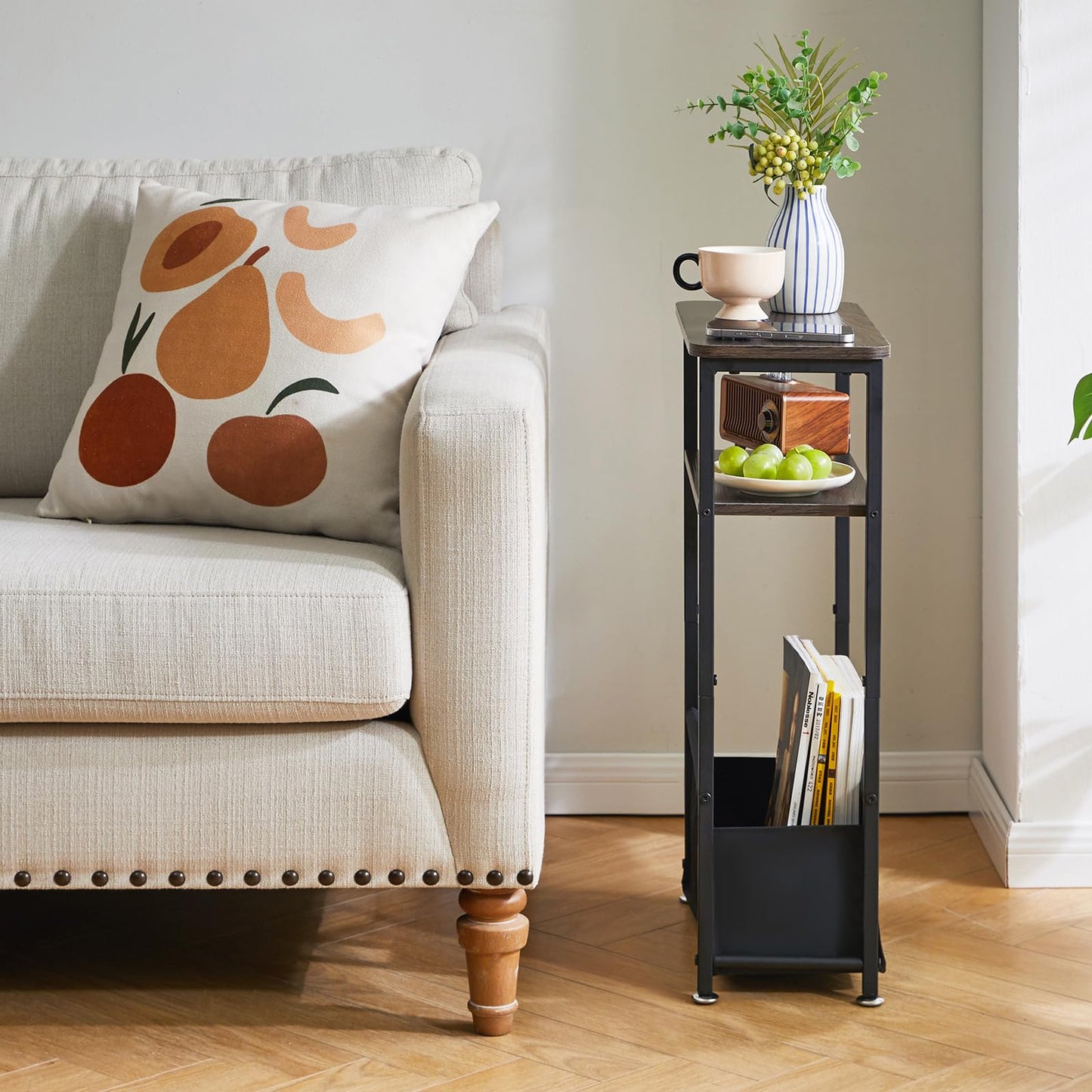 Aibiju Narrow Side Table, 3-Tier Slim End Table with Storage Fabric Basket,40x20x66cm Thin Nightstand Bedside Table for Living Room Bedroom Office