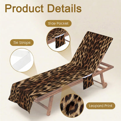 Surwin Sun Lounger Towel with Pockets, Leopard Print Beach Towel Chair Cover Sunbed Towels Lounger Bag for Summer Holiday Outdoor Garden Pool