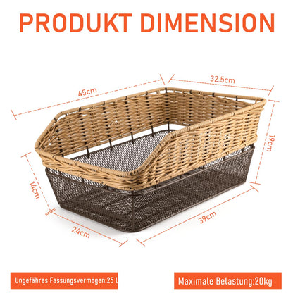 Large Rear Bike Basket, 25L Woven Basket with Load Capacity up to 20 kg – Metal Base Weatherproof & Rust-Free – for E-Bike and Electric Bicycle