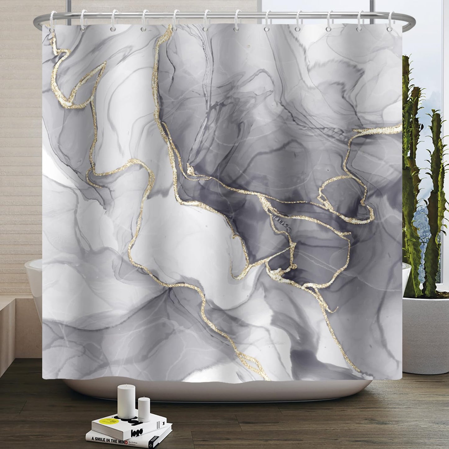 Kzzfqxb 105x160cm Shower Curtains with Plastic Hooks, Waterproof Occluded Grey Marble Texture Golden Curve Lines Flowing Smoke Art Pattern for Bath,