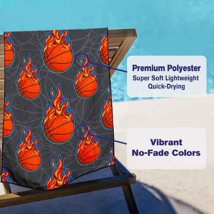 Violetpos Flaming Basketball Beach Towel, Extra Large 180x90 cm 250GSM Microfibre, Sand Free Quick Dry