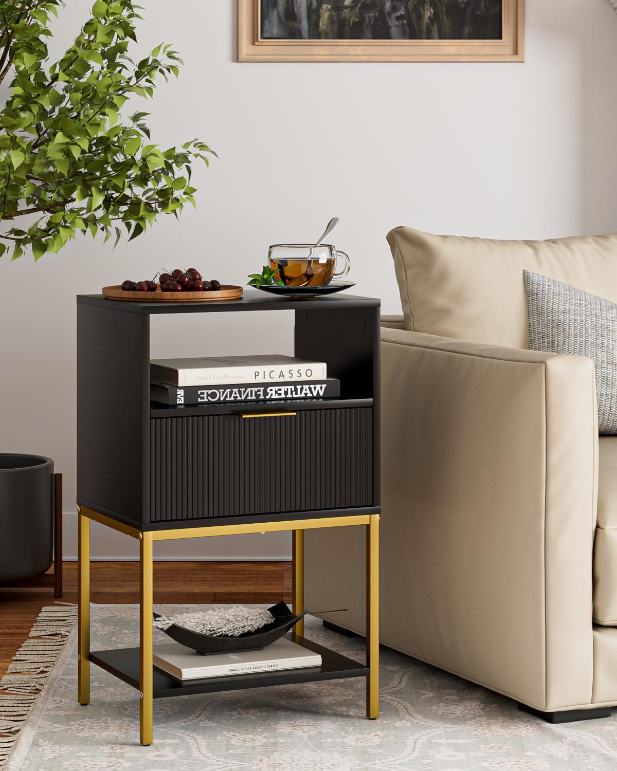 HEYZOEY Bedside Table,Side Table with Gold Frame,Tall Black Side Table,Bedside Furniture,3-Tier Storage End Table,Nightstand for Bedroom,Living Room