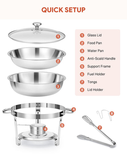 WILPREP Chafing Dish Buffet Set, 2 Pack 4.5L Round Chafers for Catering with Glass Lid & Lid Holder Water Food Pan, Stainless Steel Food Warmers