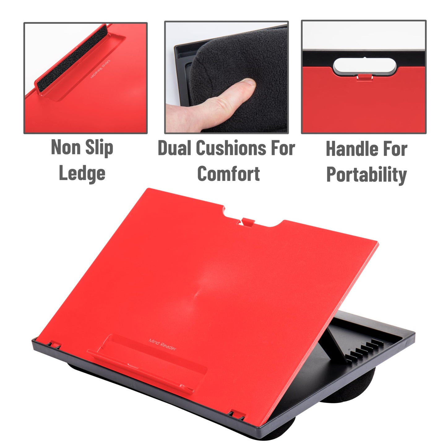 Mind Reader Lap Desk Laptop Stand, Bed Tray, Collapsible, Cushion, Portable, Dorm, Plastic, 14.75" L x 11" W x 7.3" H, Red
