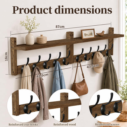 Coat Rack Wall Mounted, 87cm Wooden Extra-Long Wall Hook Rack with Shelf, Set of 2 Coat Hooks with 10 Hooks for Hanging Coats Hats Scarves