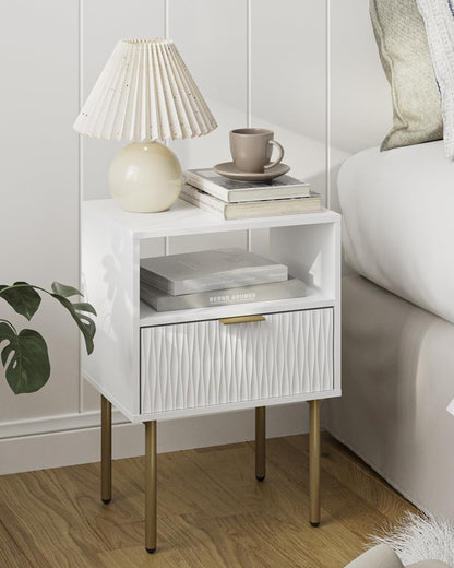 Apetaccat Bedside Table, Fluted Nightstand with Drawer and Open Shelf, Modern Bedside Cabniet Wooden, Side Table for Bedroom, Living Room, White