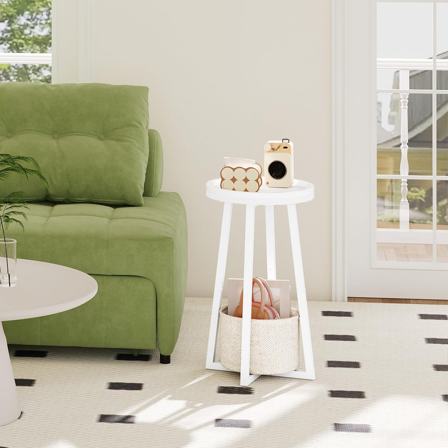 HOOBRO Round Side Table, 2 Tier Sofa Side Table Small Table with Storage Basket, Round Bedside Table, Compact Corner Tables for Small Spaces