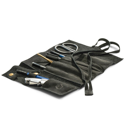 Angus Stoke Leather Roll Bag (Black) - Handmade Leather Case for Pens, Brushes and Accessories, 4 Compartments, Leonardo