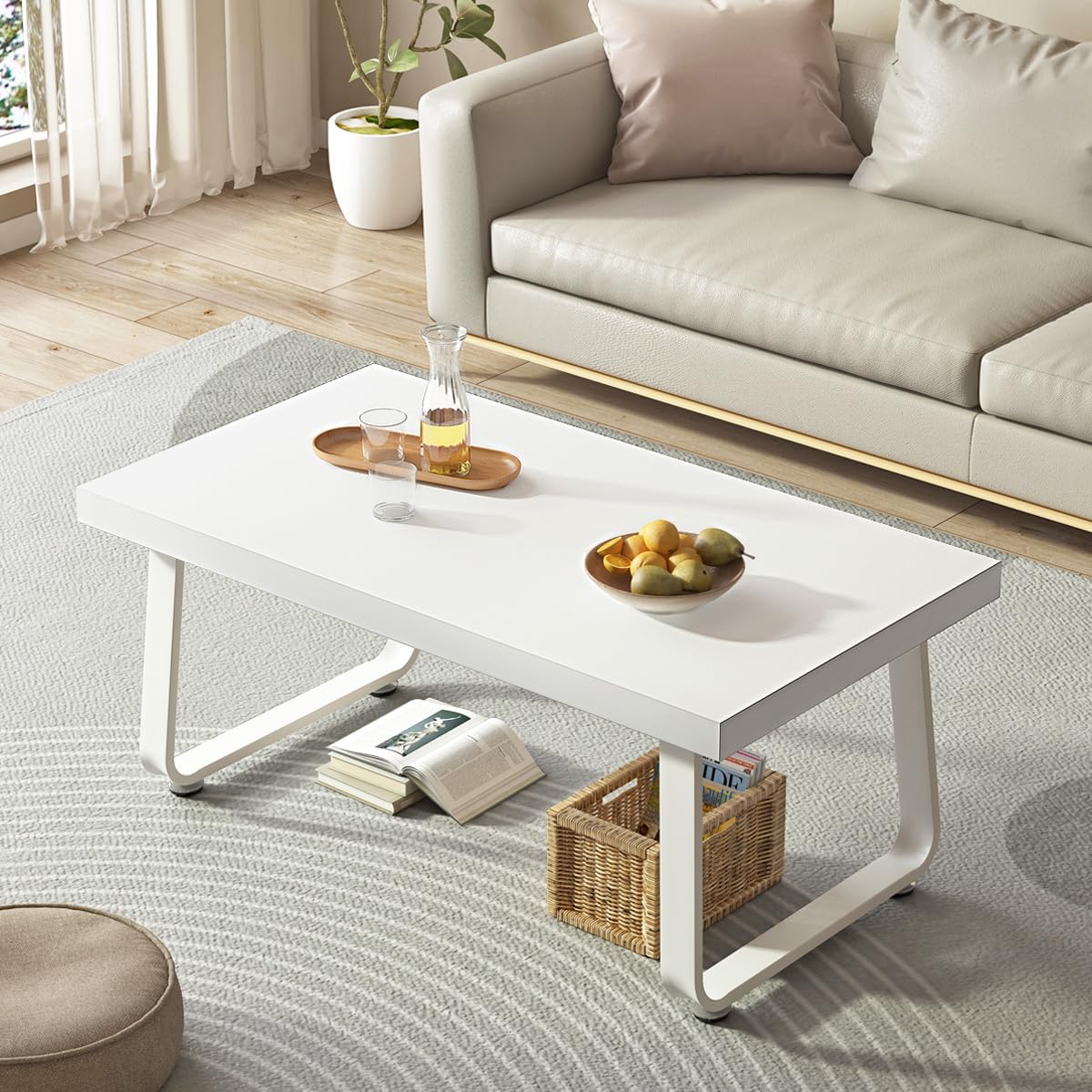 HSH White Oak Coffee Table, 55D×100W×46.5H cm, Rustic Industrial Wooden Coffee Table for Living Room Bedroom Office