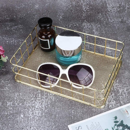 Hapivida 2 Pcs Wire Storage Basket, 24.5x16.5x6.5cm Golden Desktop Metal Storage Basket Iron Grid Storage Tray Net Organizer Bins for Kitchen, Pantry