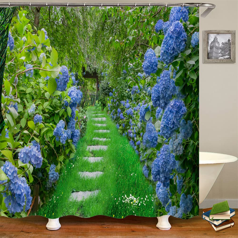 JIANGLANY Spring Scenery Shower Curtain Blue Hydrangea Green Plant Stone Path to Garden Bathroom Decor Waterproof Fabric Curtains with Hooks 180x180cm