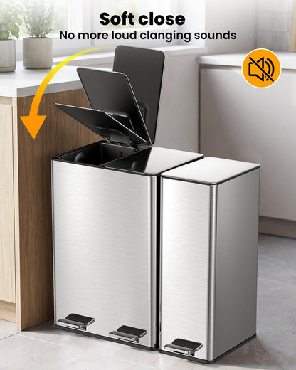 Kitchen Bin,40L Double Bin+20L Single Bin,Tall Slim 60L Stainless Steel Pedal Bin,Dual Bin Rubbish Recycling with Soft-Close Lids and Inner