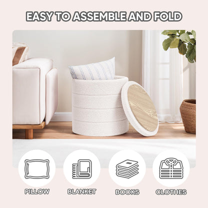 PINPLUS Round Ottoman Storage, Convertible Table, Cream White, 43x43x45 cm