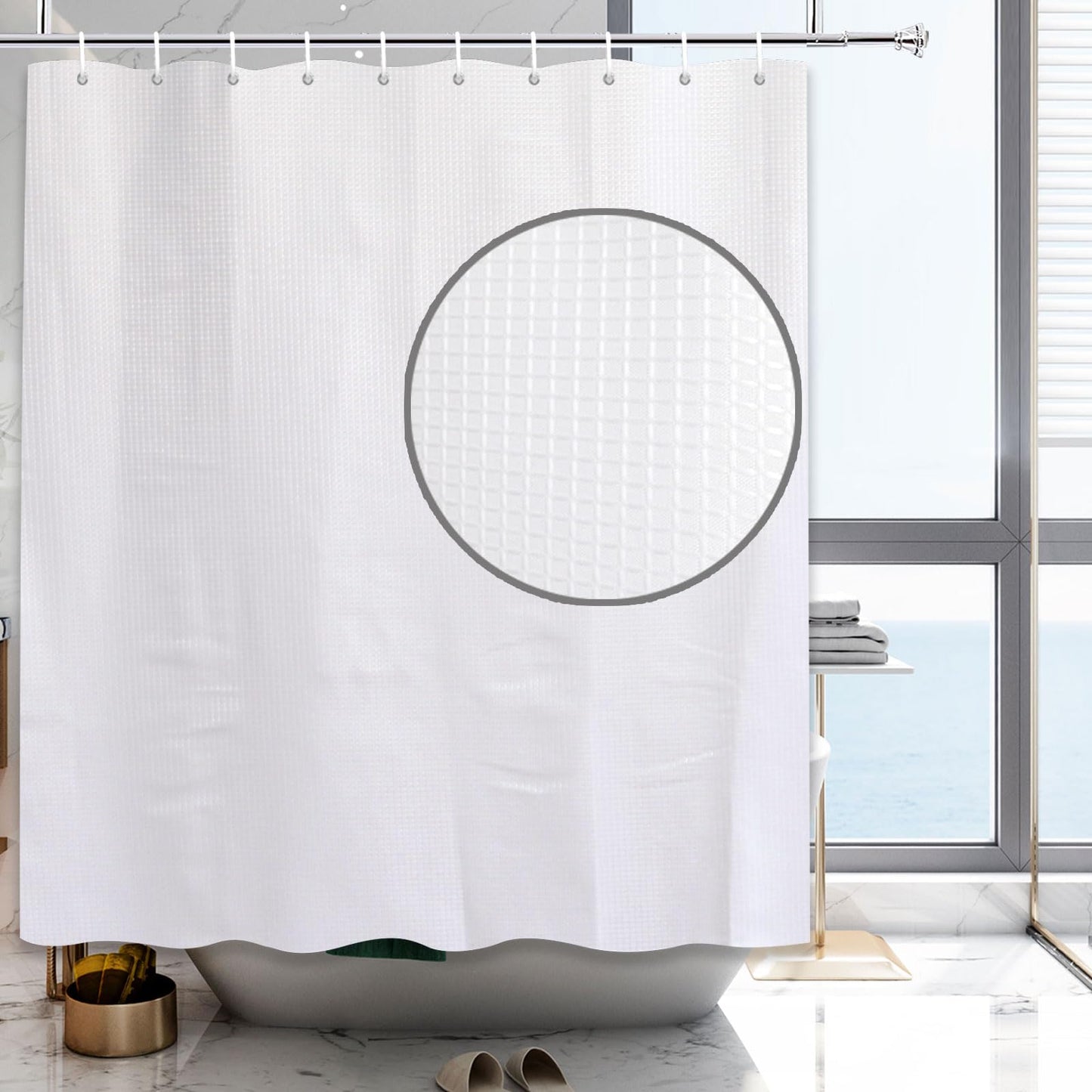 YISURE White Waffle Shower Curtain 180x200cm (71"x79"), Waterproof Fabric With Hooks