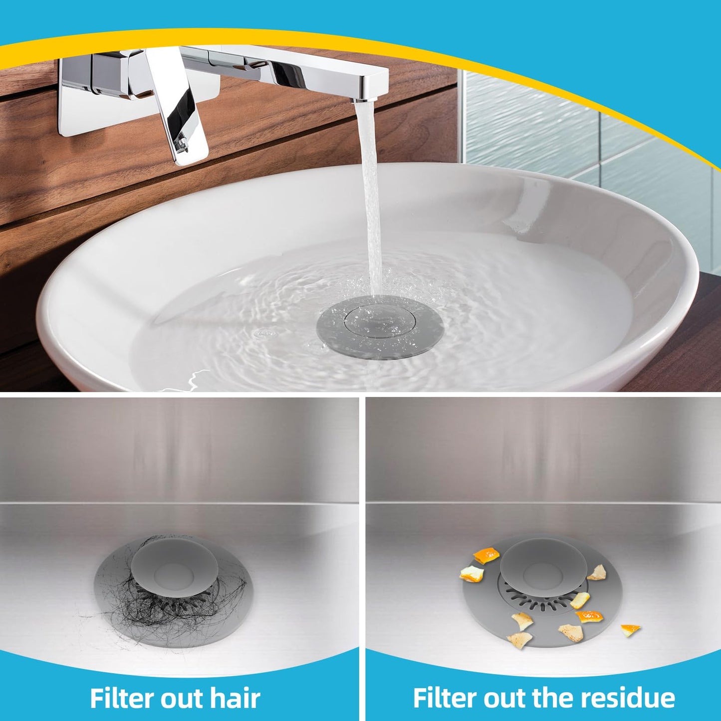 HUAERSICO Universal Silicone Drain Plug - Washbasin Plug and Bathtub Plug with Press and Hair Strainer Function