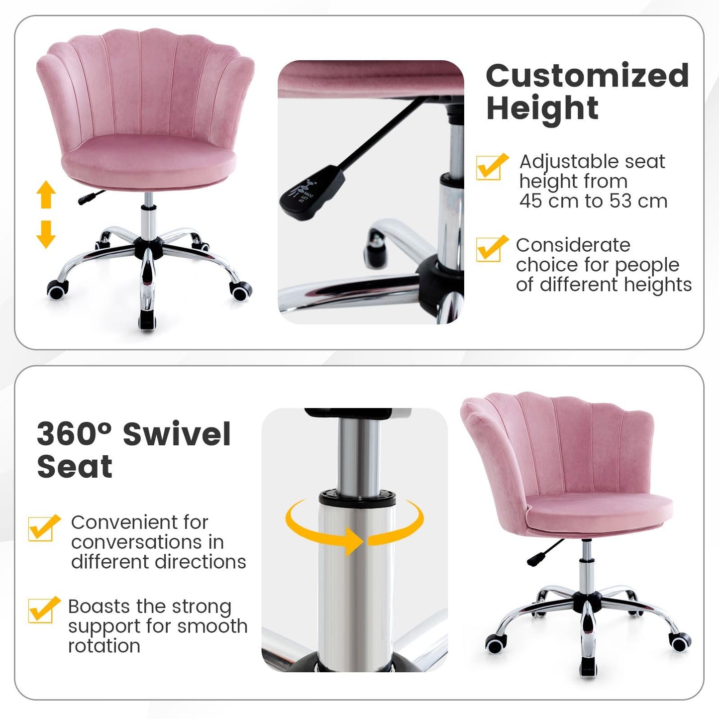 CASART Rolling Velvet Office Chair with Petal Backrest, Ergonomic 360° Swivel Upholstered Desk Chair