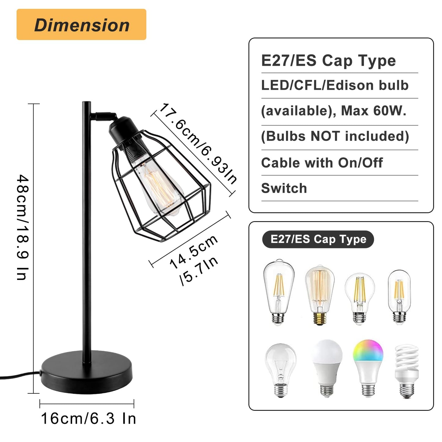 HARPER LIVING Plug in Table Lamp, Caged Bedside Table Light with Switch, E27 Cap, Reading Desk Lamp Black Vintage Finish, Ideal for Living Room,