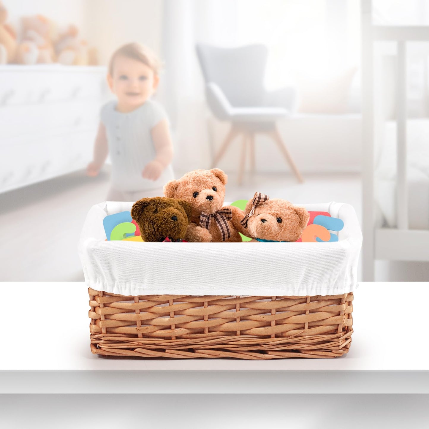 Woodluv Brown Wicker Storage Basket W/Off White Cloth Lining Xmas Hamper - Small