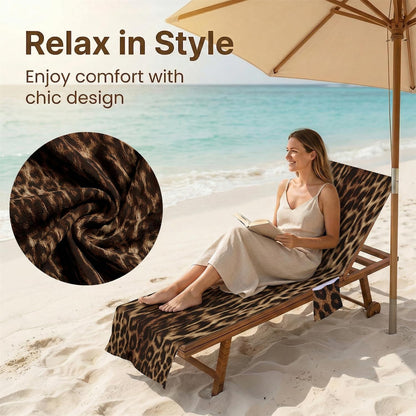Surwin Sun Lounger Towel with Pockets, Leopard Print Beach Towel Chair Cover Sunbed Towels Lounger Bag for Summer Holiday Outdoor Garden Pool