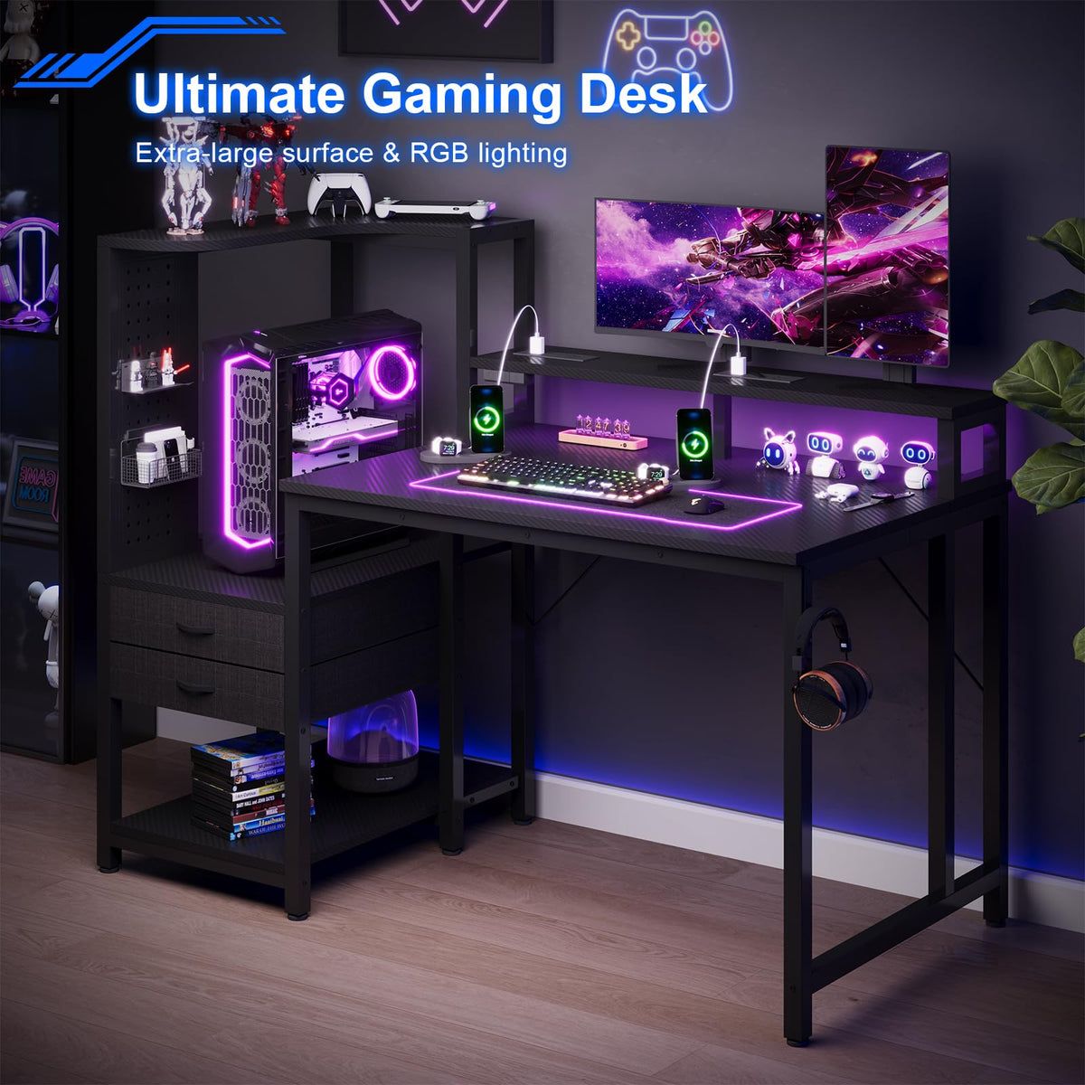 JUMMICO 140×70cm Gaming Desk with Pegboard & Built-in Power Outlet, Computer Desk with RGB LED Lights, 2 Fabric Drawers, Monitor Stand