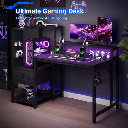 JUMMICO 140×70cm Gaming Desk with Pegboard & Built-in Power Outlet, Computer Desk with RGB LED Lights, 2 Fabric Drawers, Monitor Stand