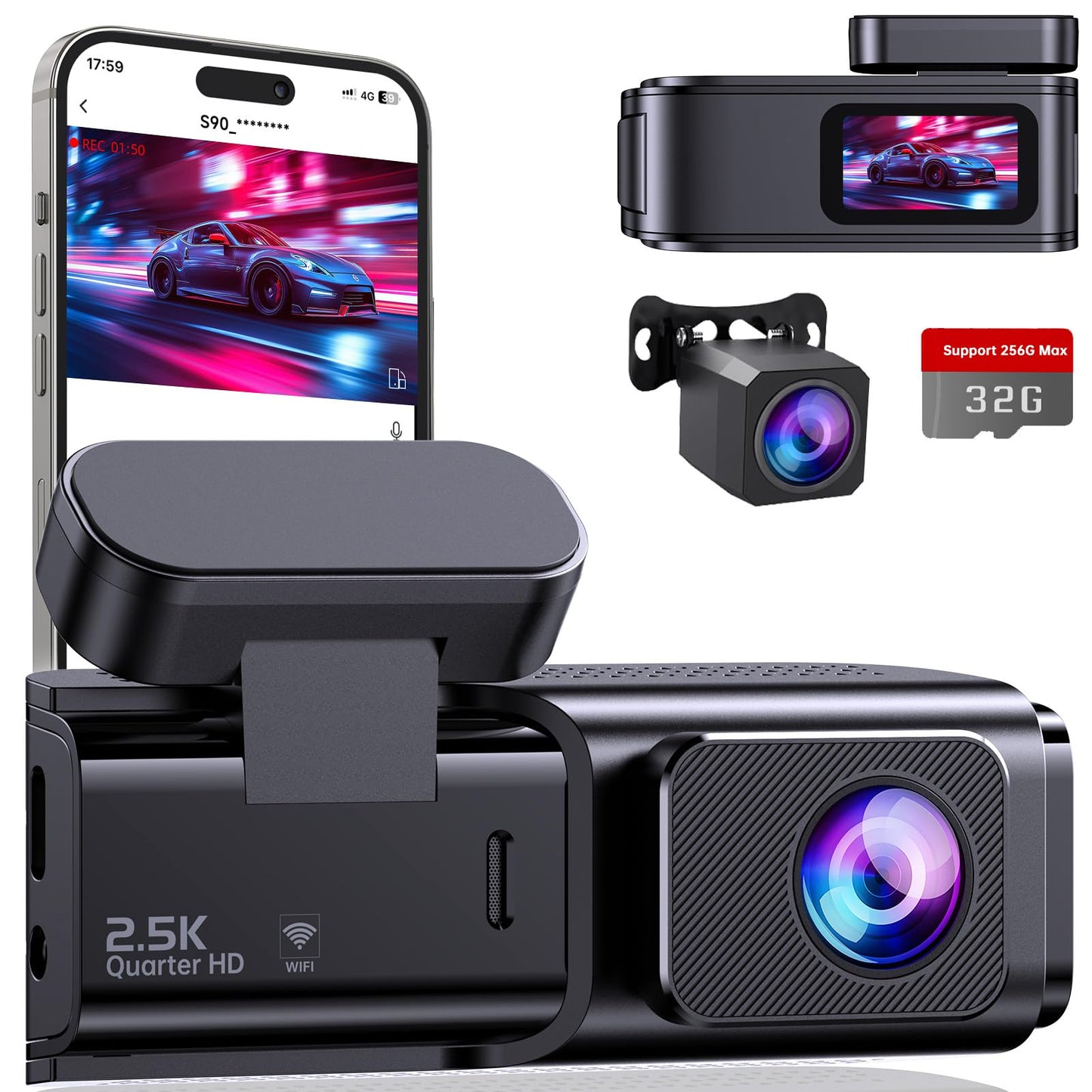 Dash Cam Front and Rear 2.5K+1080P, Ultra HD Dash Cam Built-in WiFi, Dual Car Camera with 32GB Card, 170?Wide Angle, Super Night Vision Dashcam with