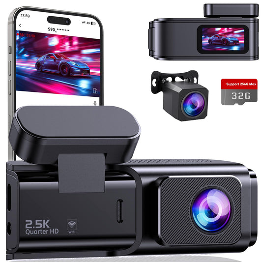 Dash Cam Front and Rear 2.5K+1080P, Ultra HD Dash Cam Built-in WiFi, Dual Car Camera with 32GB Card, 170?Wide Angle, Super Night Vision Dashcam with