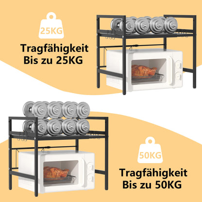 Furnestorica Retractable and Adjustable Microwave Rack, 2-Layer Microwave Shelf Made of Carbon Steel, Robust Holder with 6 Hooks