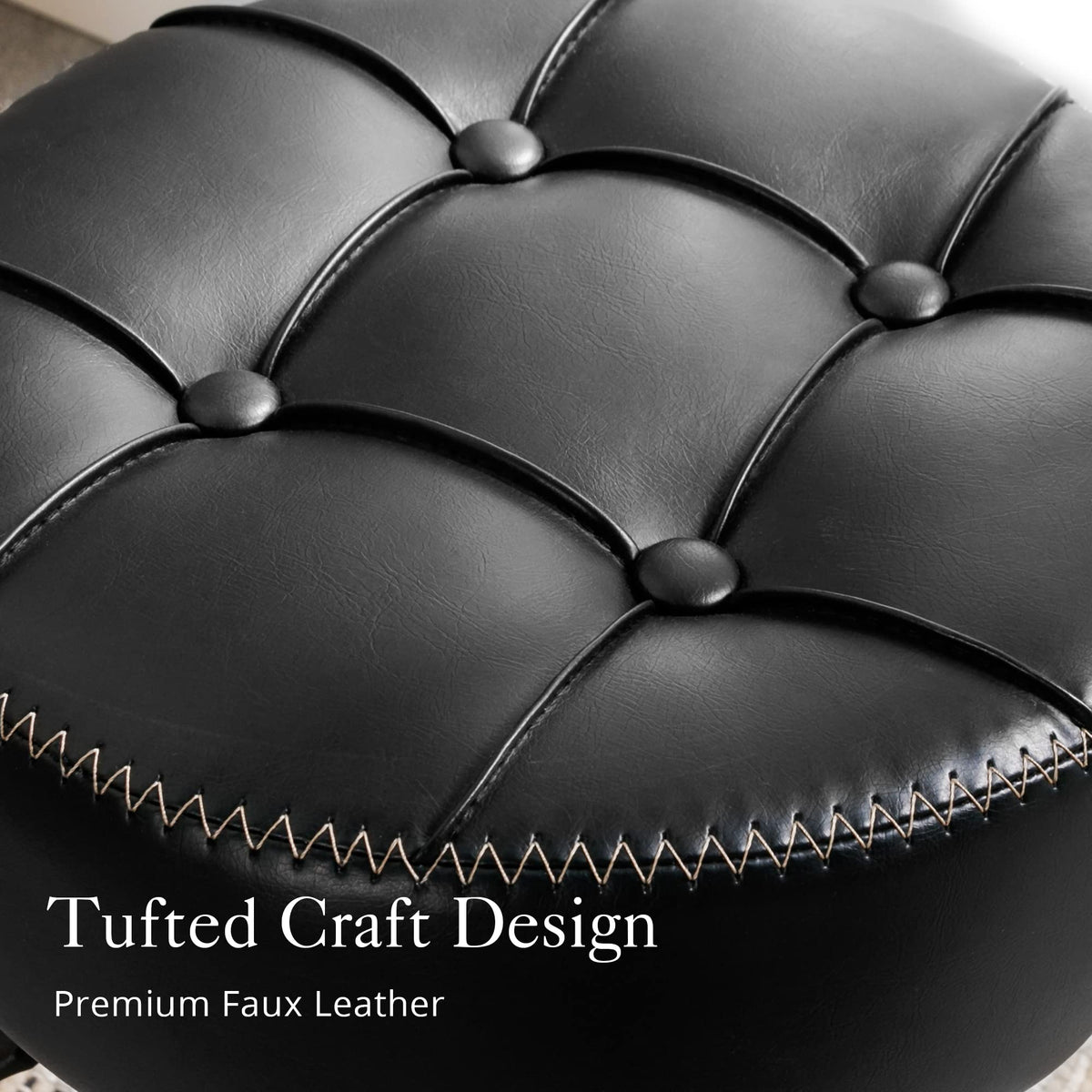 LUE BONA Modern Black Faux Leather 360° Swivel Vanity Stool, Height Adjustable Dressing Table Stool, Tufted Design, 40 to 52 cm, 136 kg Max Weight