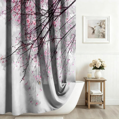 Xiaoterna Spring Shower Curtain Cherry Blossom Shower Curtain Red Plum Floral Bathroom Curtain Chinese Oriental Ink Painting Floral Shower Curtain