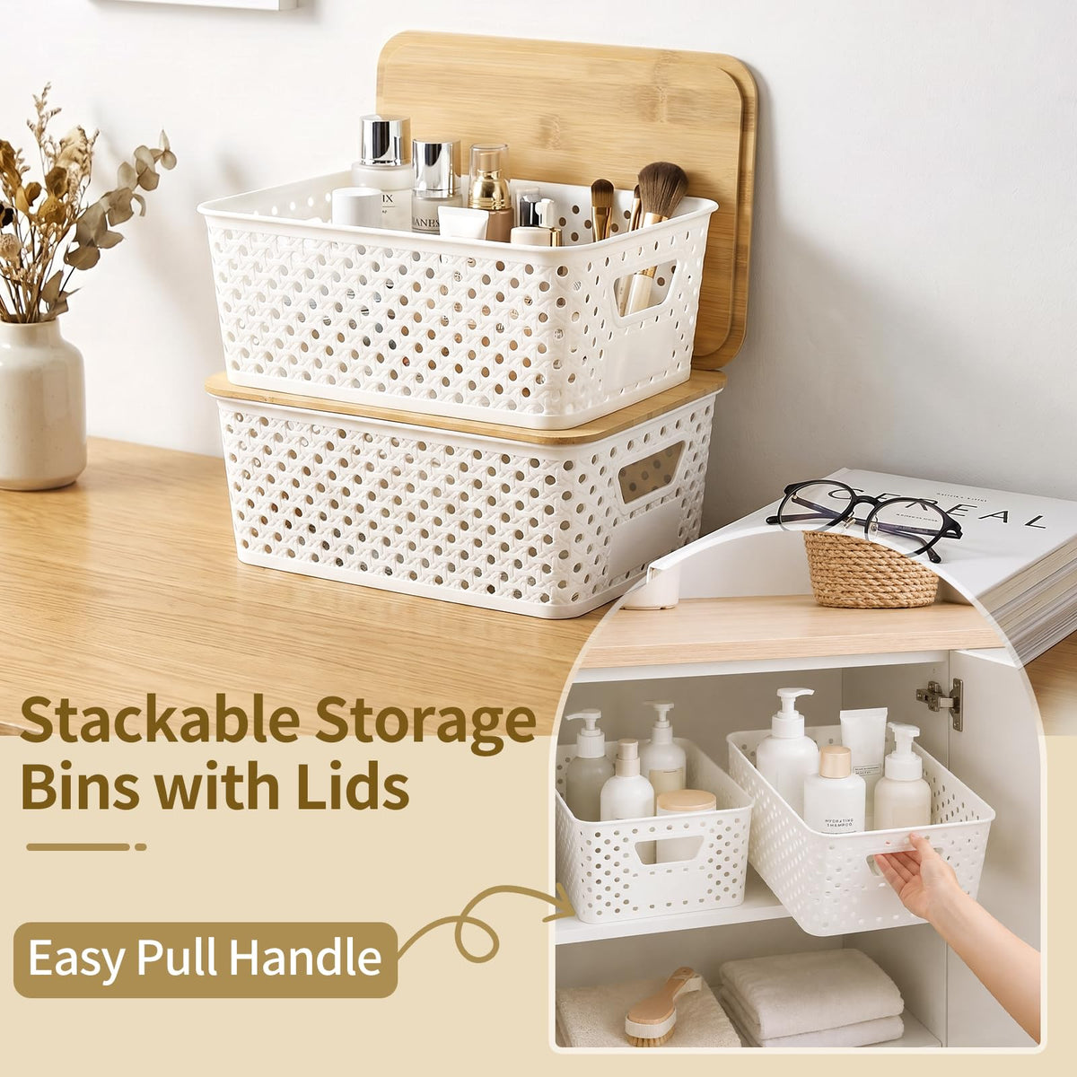 Yekolau 6 Pack Storage Bins for Shelves, Plastic Storage Containers with Bamboo Lids for Organizing, Stackable Storage Boxes with Handle