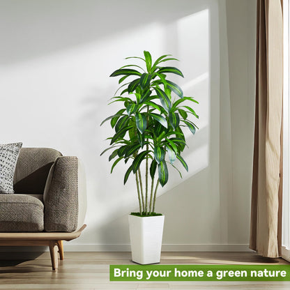 Artificial Dracaena Plant Indoor 5FT Fake Tree with White Tall Planter, Tall Fake Floor Plant in Pot, Artificial SilkPlant for Home Decor Office