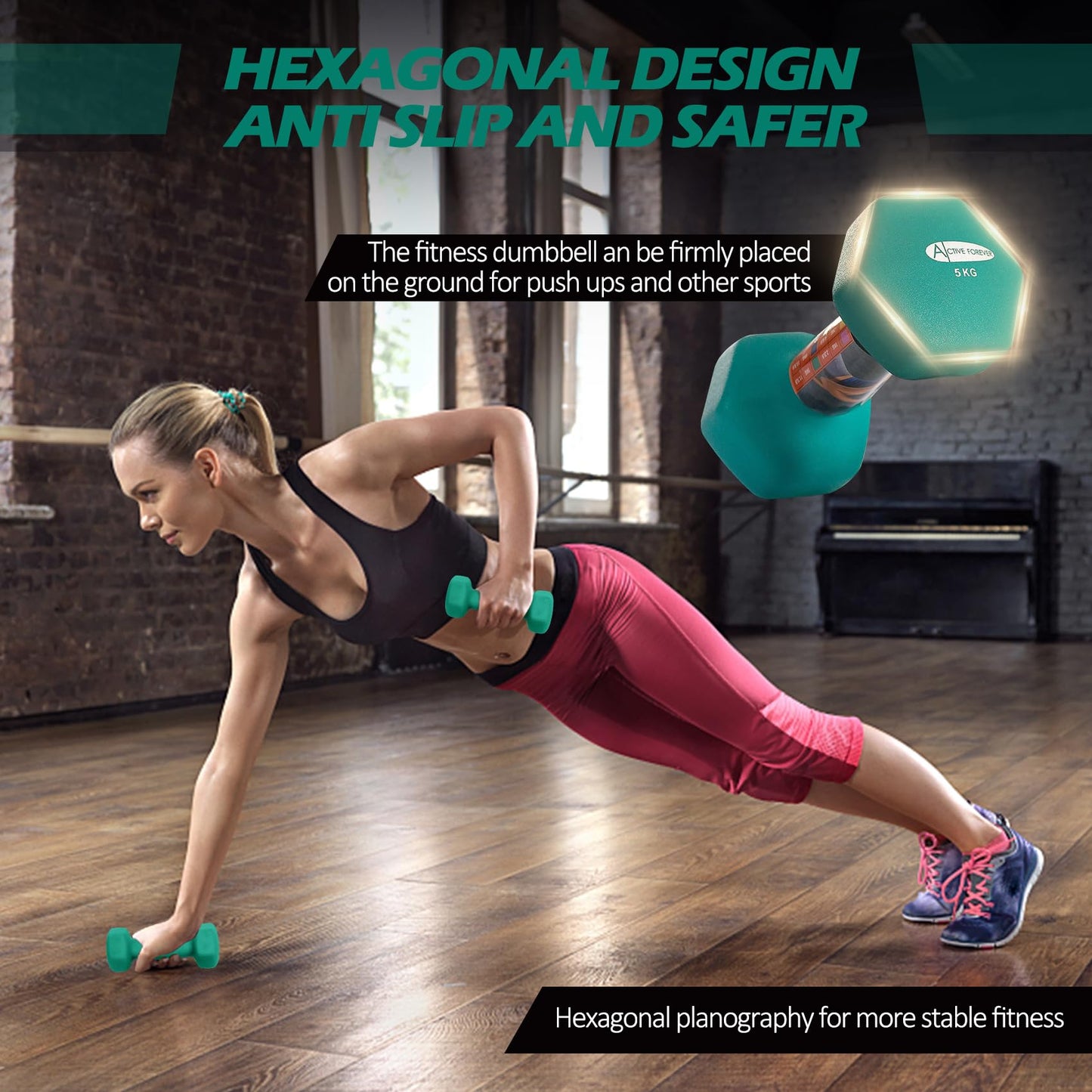 ACTIVE FOREVER Dumbbells 2?5kg, Set of 2, Hex Dumbbells Pair, Neoprene Waterproof Non-slip Dumbells Set (Dark Green)