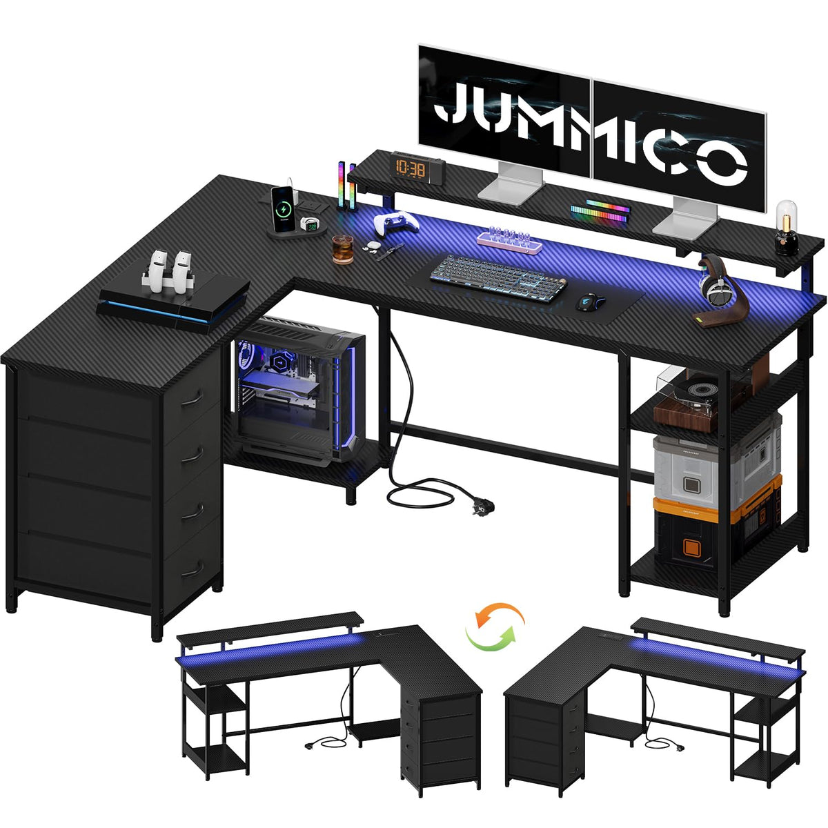 JUMMICO 155cm L‑Shaped Gaming Desk with Monitor Shelf & Power Outlets, Reversible Corner Computer Desk with Drawers & Storage Shelves for Home Office