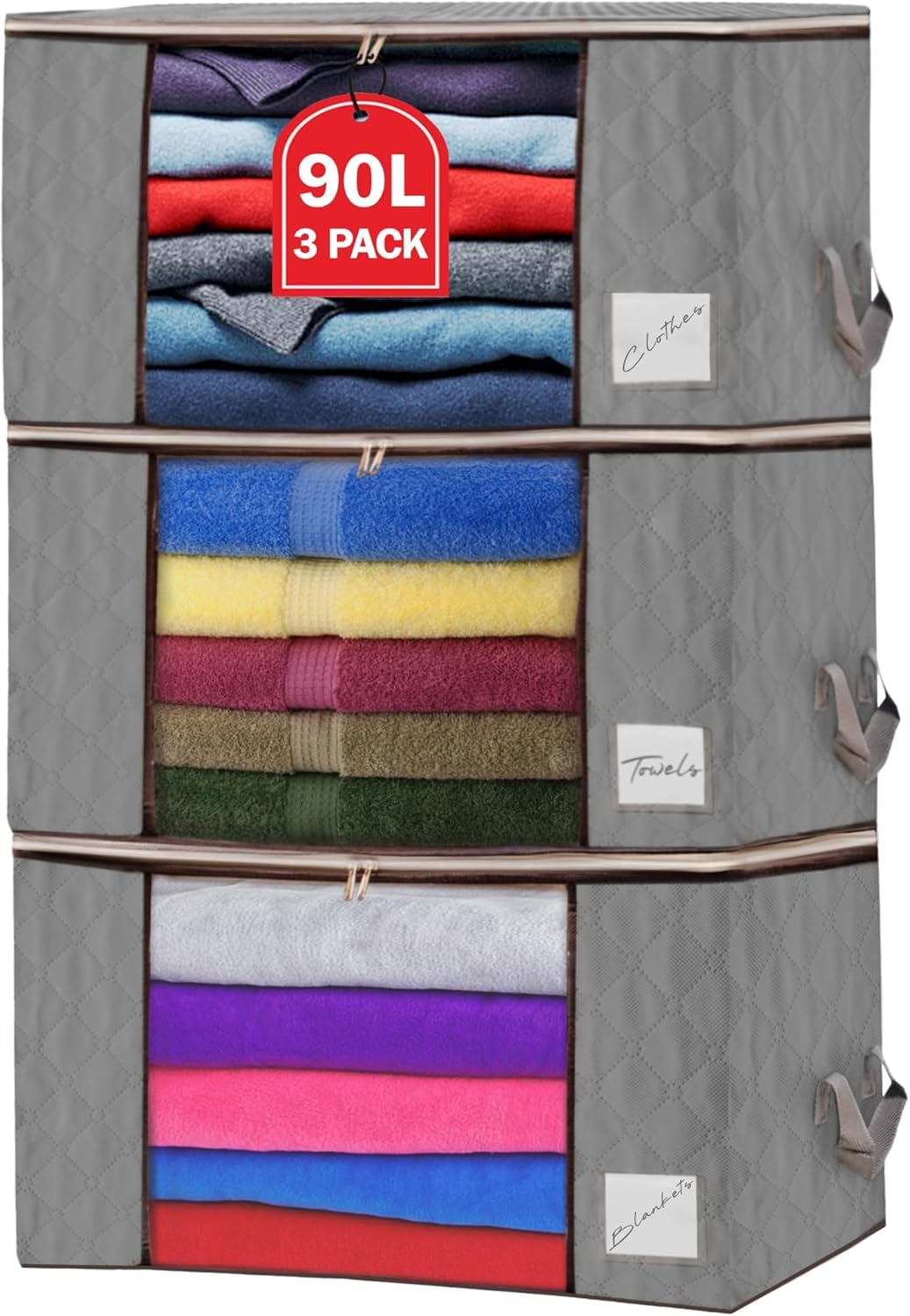 Clothes Storage Bags with Zips 90L Large Capacity Foldable Breathable Storage Boxes with Thick Reinforced Handles Transparent Window Storage Bags for