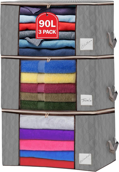 Clothes Storage Bags with Zips 90L Large Capacity Foldable Breathable Storage Boxes with Thick Reinforced Handles Transparent Window Storage Bags for